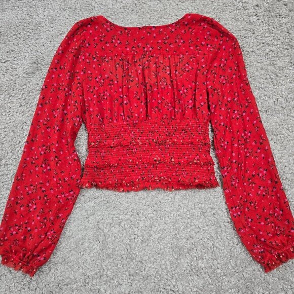 Free People Women Lolita Top Size Small Red Floral Smocked Boho Peasant Crop - Picture 10 of 14